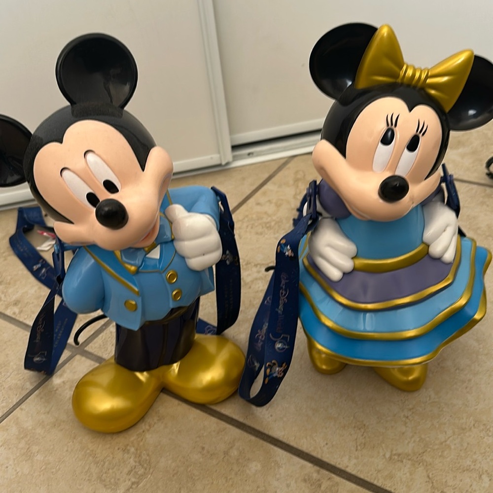 Disney World 50th Anniversary Mickey Mouse Popcorn Bucket Minnie Sipper Set